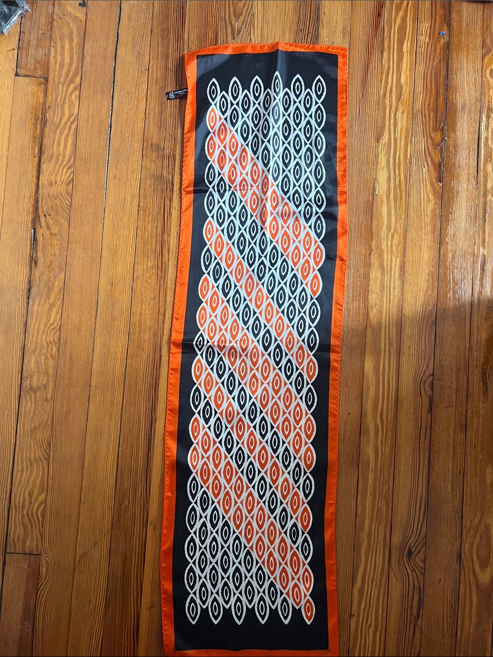 Vintage Acetate Twill Hand Printed Japan Geometric Oblong Scarf Orange Navy - Picture 2 of 4